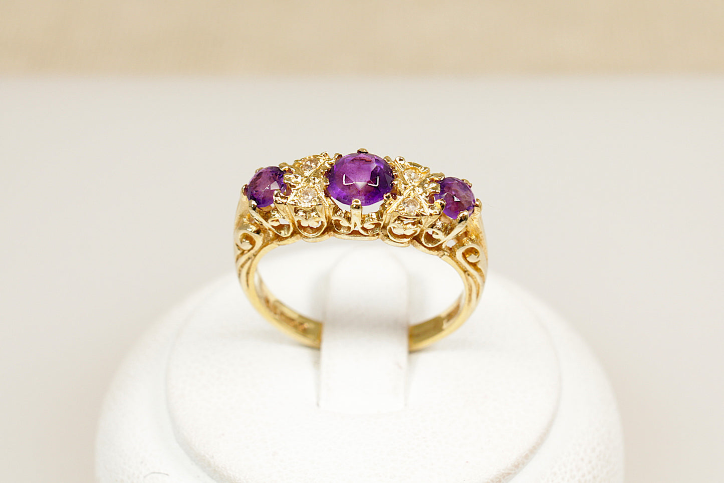 Vintage 9ct Amethyst and Diamond Trilogy Ring