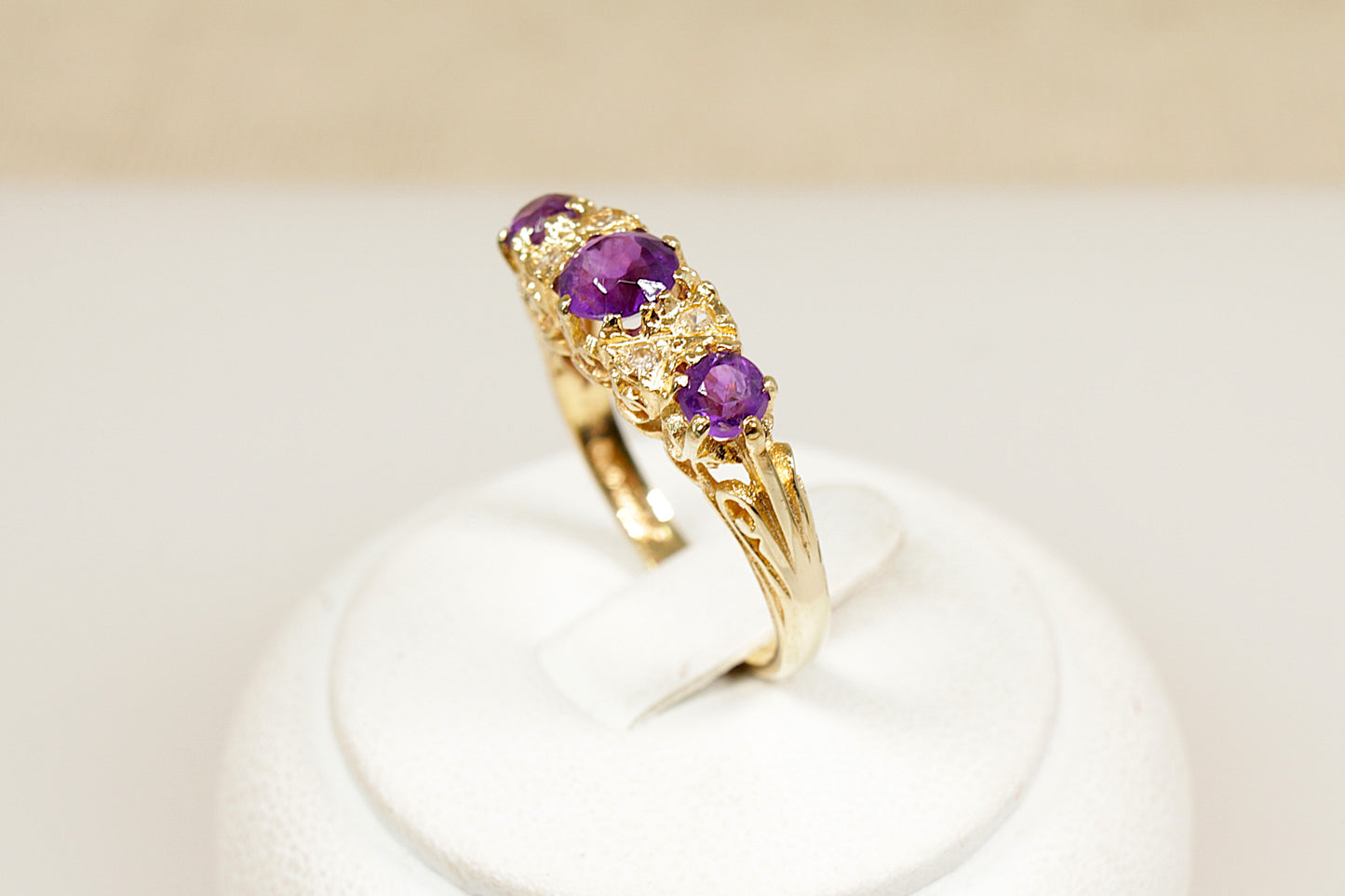 Vintage 9ct Amethyst and Diamond Trilogy Ring