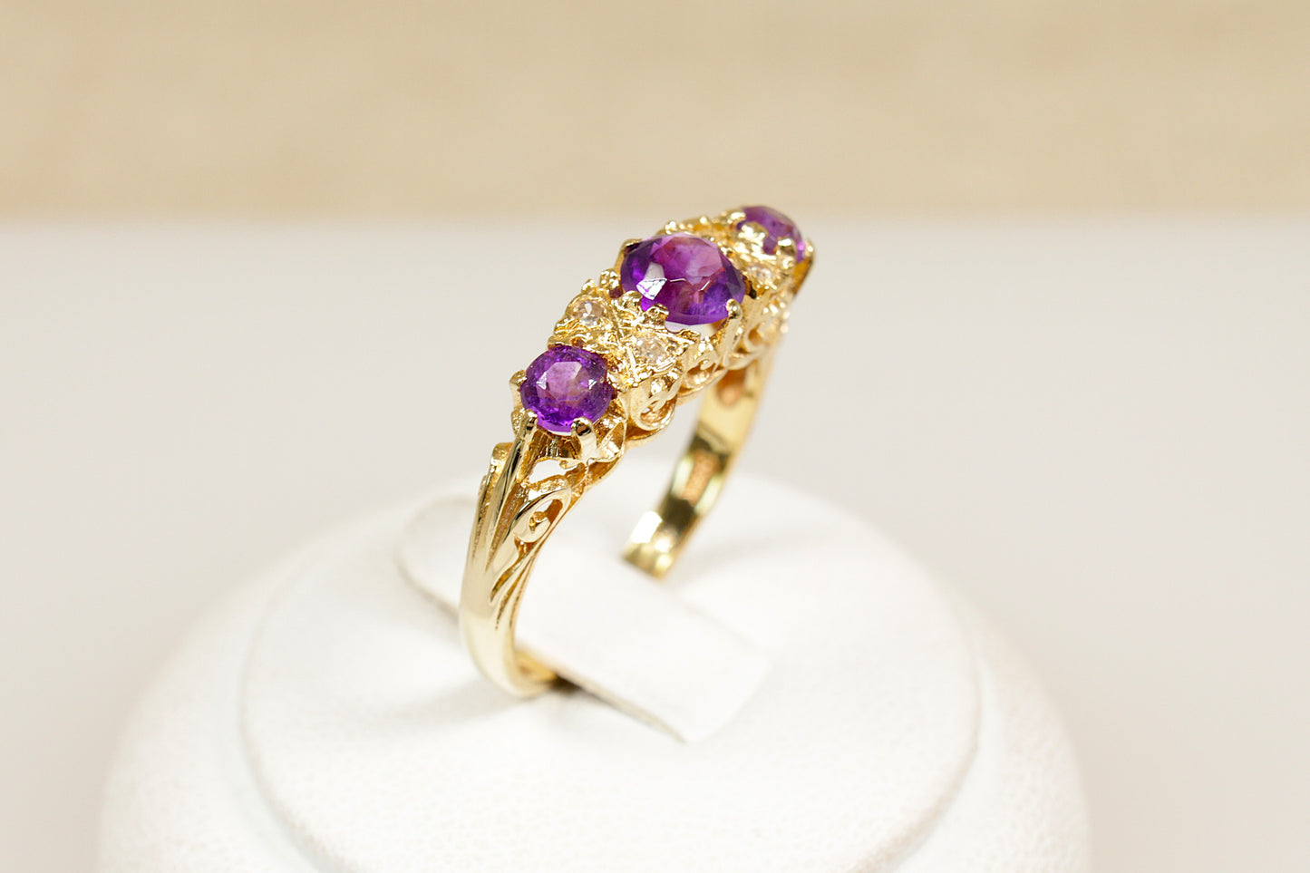 Vintage 9ct Amethyst and Diamond Trilogy Ring