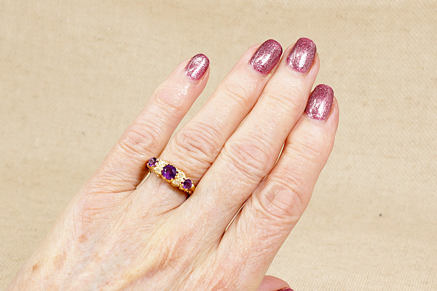 Vintage 9ct Amethyst and Diamond Trilogy Ring