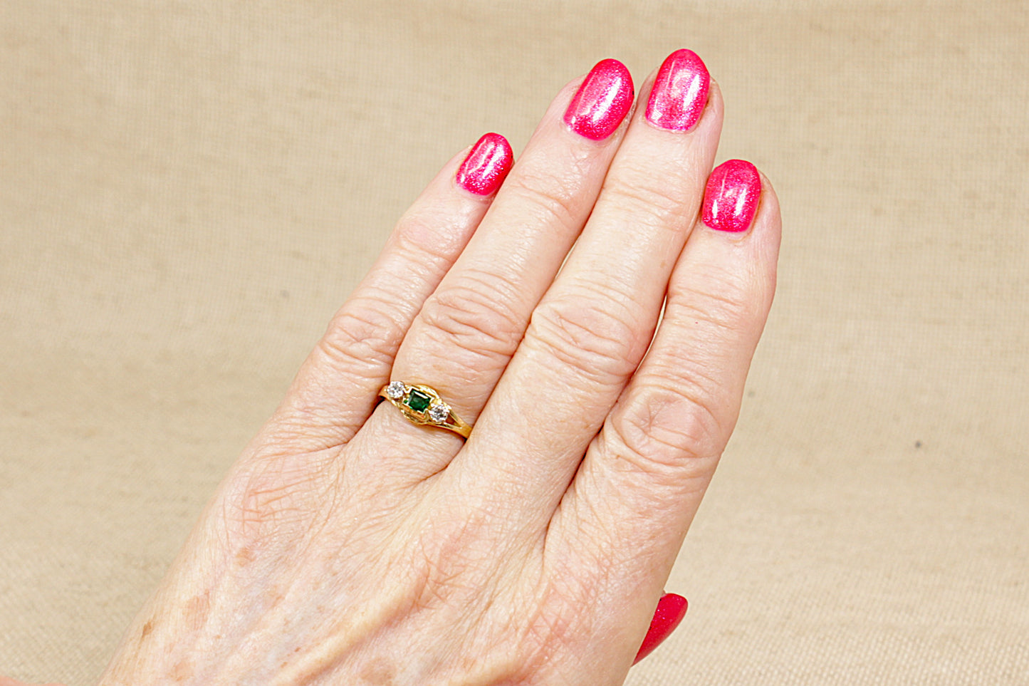 Vintage 18ct Emerald and Diamond Trilogy Ring