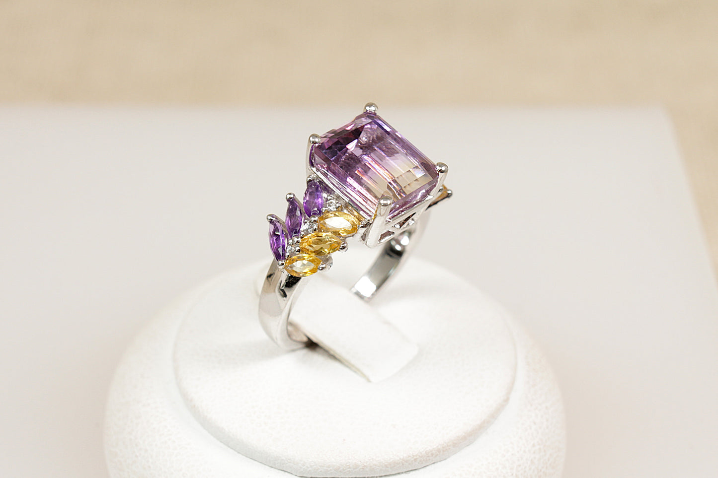A Silver Amethyst, Citrine and Crystal Statement Ring.