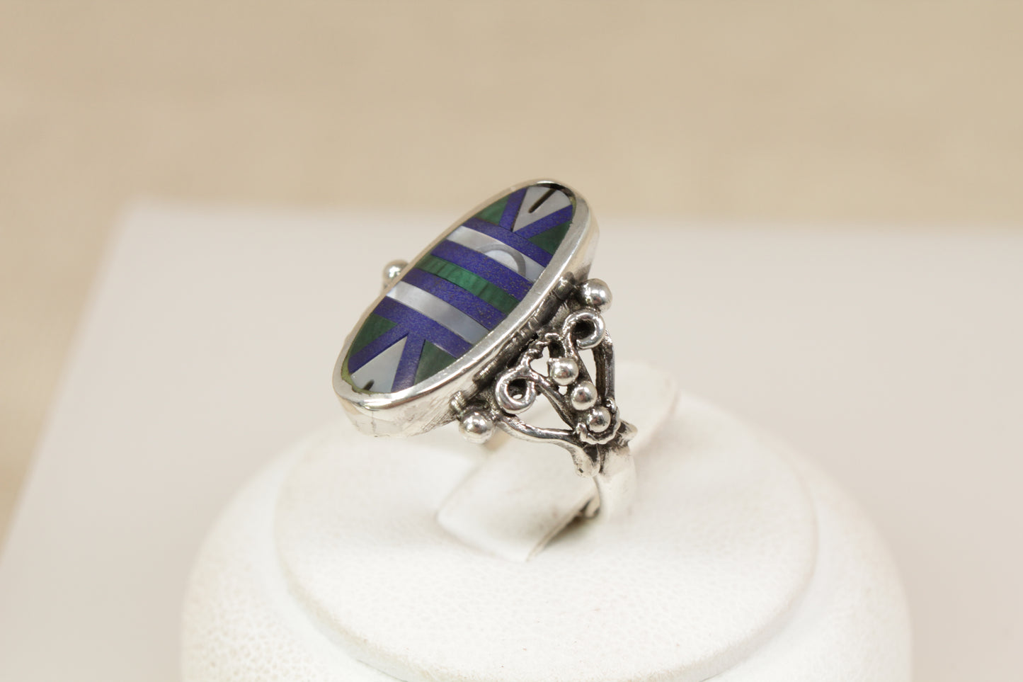 Silver Malachite, Mother of Pearl, Lapis Lazuli Ring