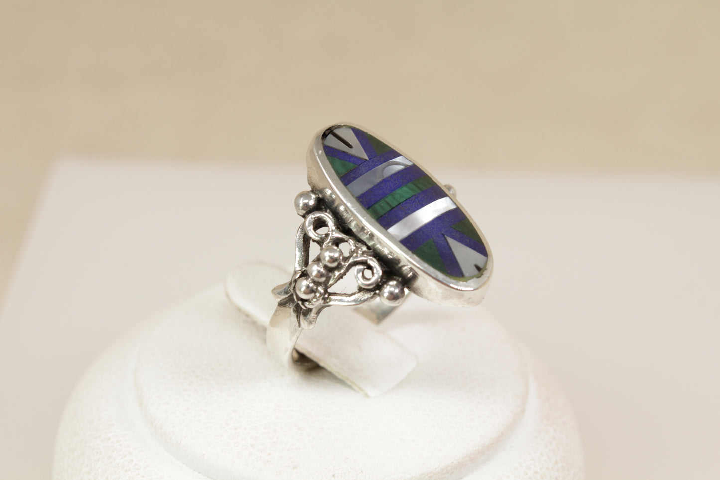 Silver Malachite, Mother of Pearl, Lapis Lazuli Ring