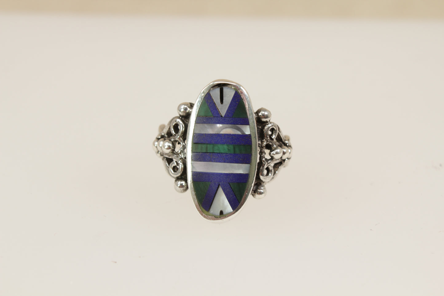 Silver Malachite, Mother of Pearl, Lapis Lazuli Ring