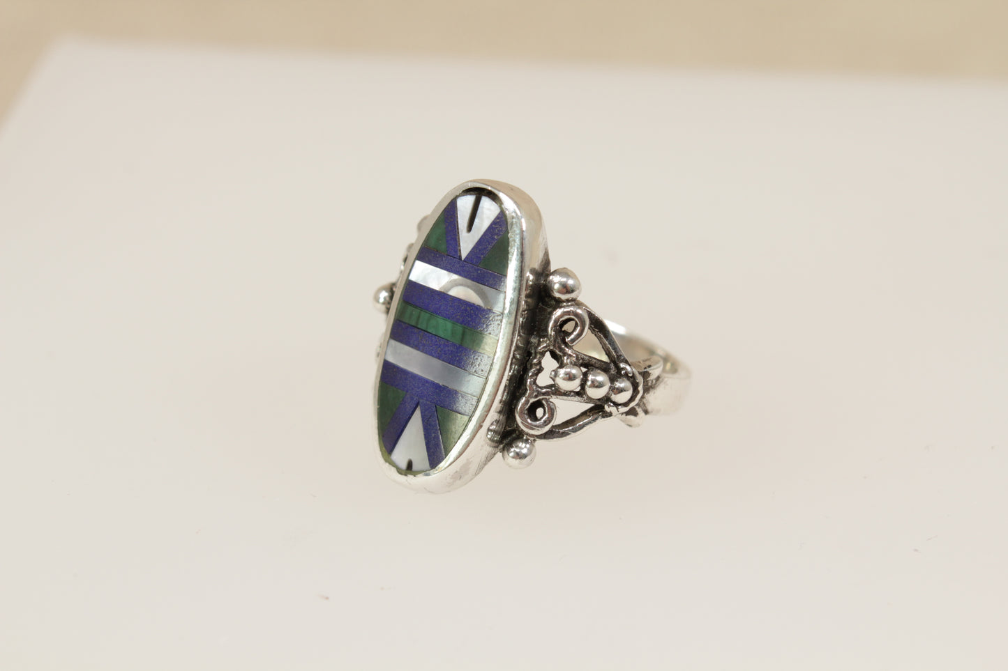 Silver Malachite, Mother of Pearl, Lapis Lazuli Ring