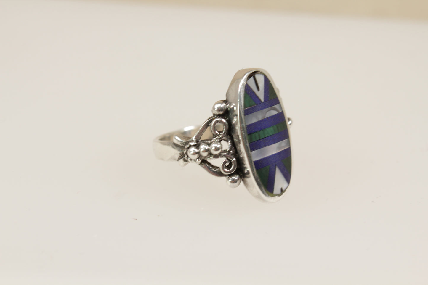 Silver Malachite, Mother of Pearl, Lapis Lazuli Ring