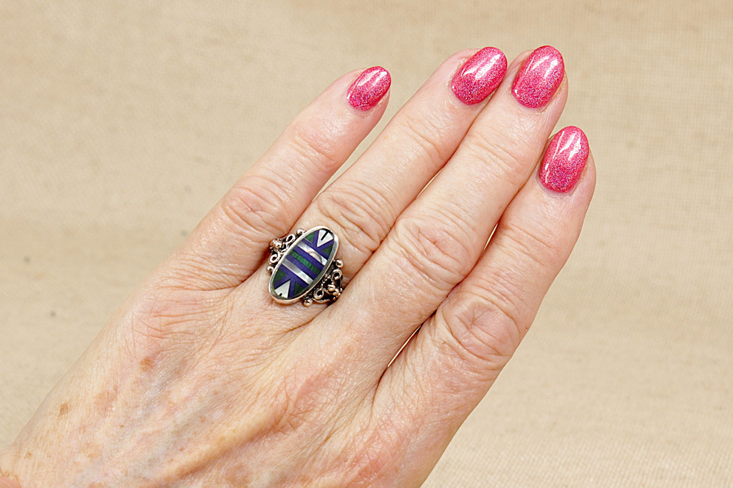 Silver Malachite, Mother of Pearl, Lapis Lazuli Ring