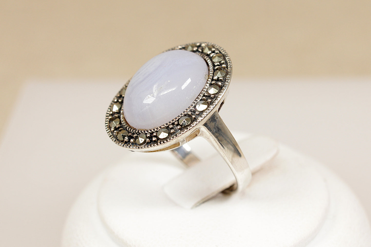 Silver Blue Lace Agate and Marcasite Statement Ring