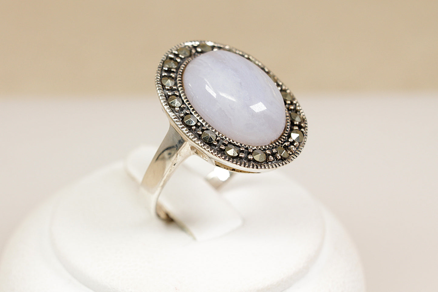 Silver Blue Lace Agate and Marcasite Statement Ring