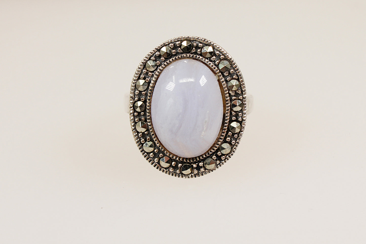 Silver Blue Lace Agate and Marcasite Statement Ring