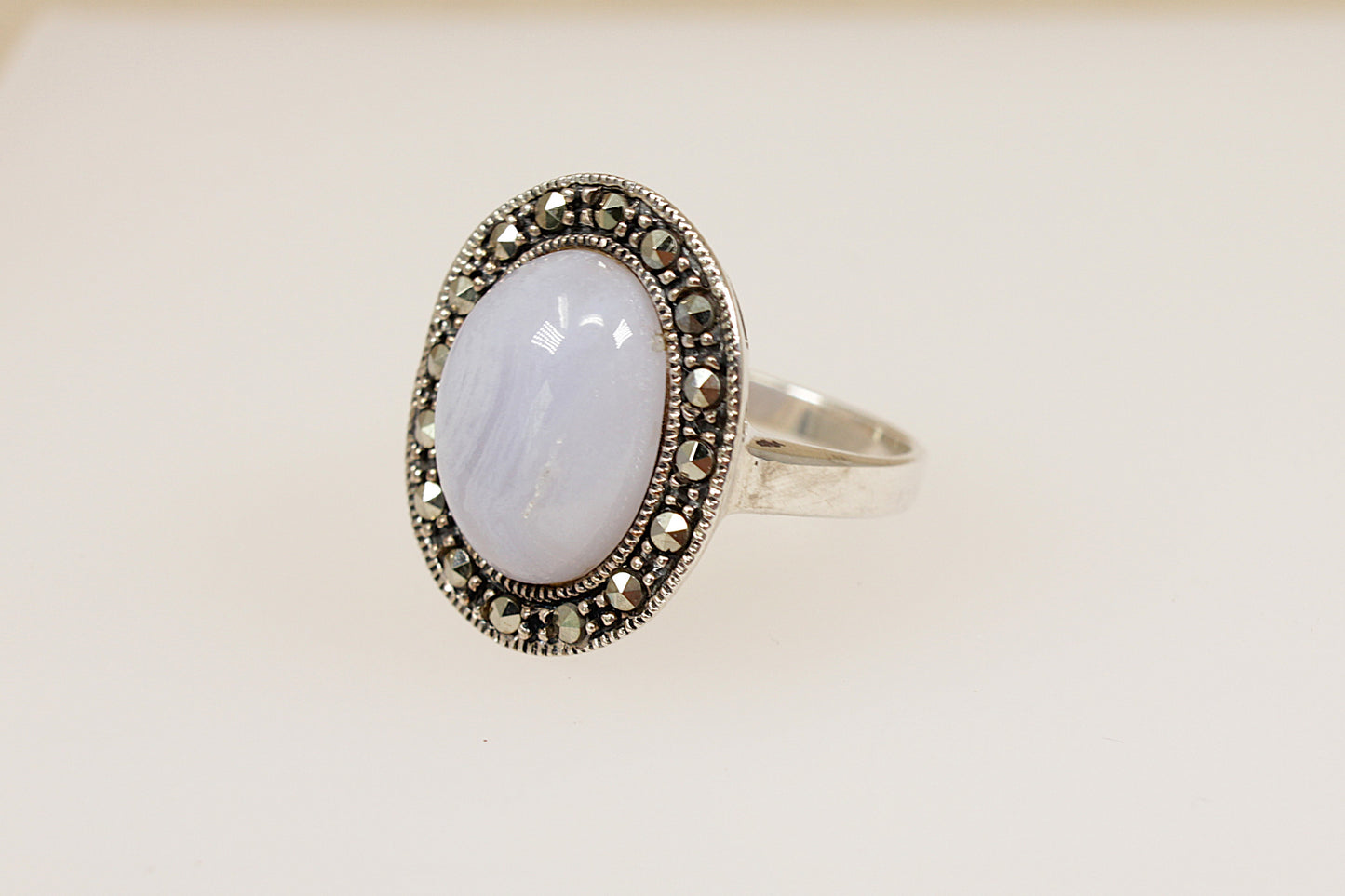 Silver Blue Lace Agate and Marcasite Statement Ring