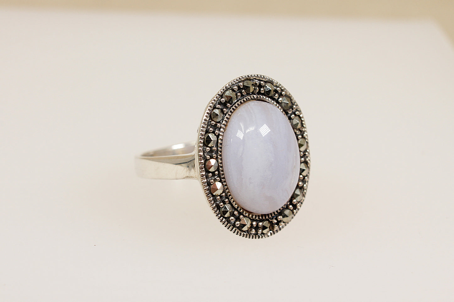Silver Blue Lace Agate and Marcasite Statement Ring