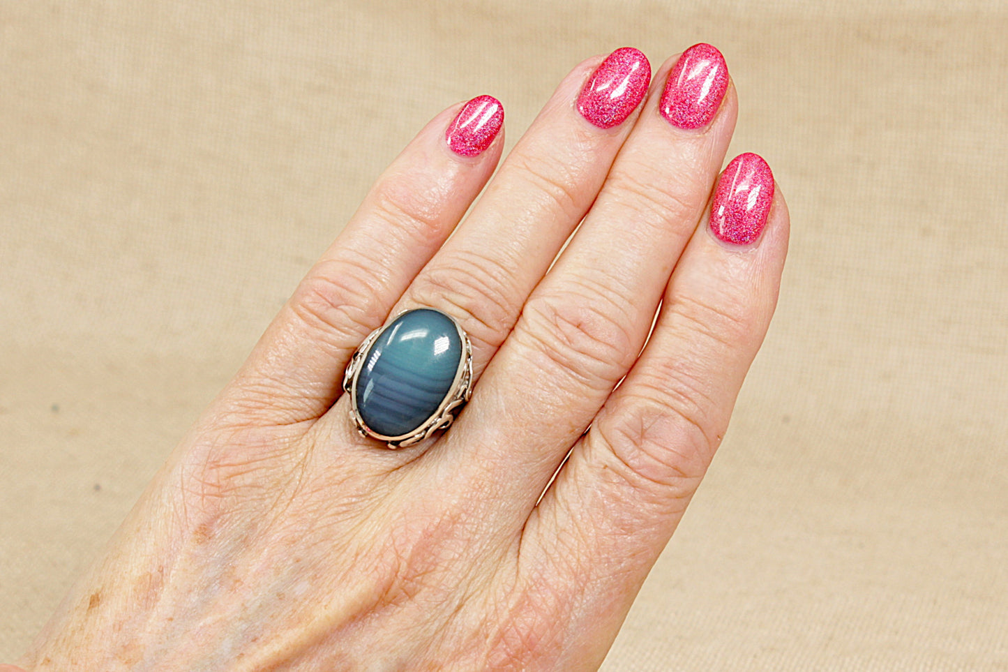 Vintage Silver Banded Agate Statement Ring