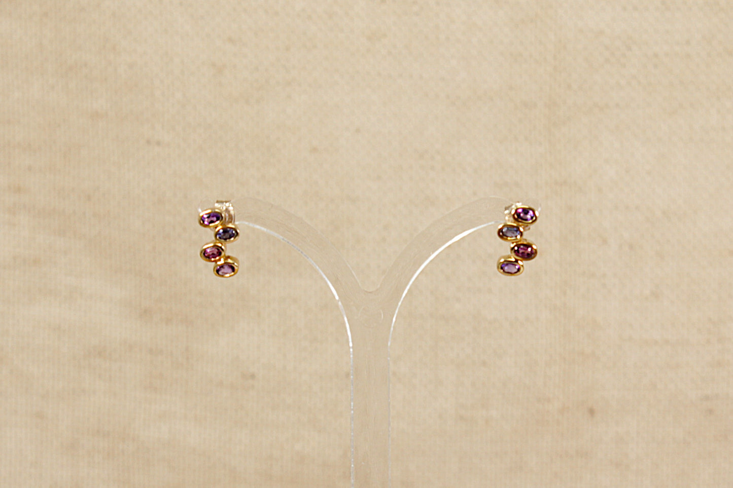 9ct Gold Almandine Garnet, Blue Iolite and Amethyst Earrings