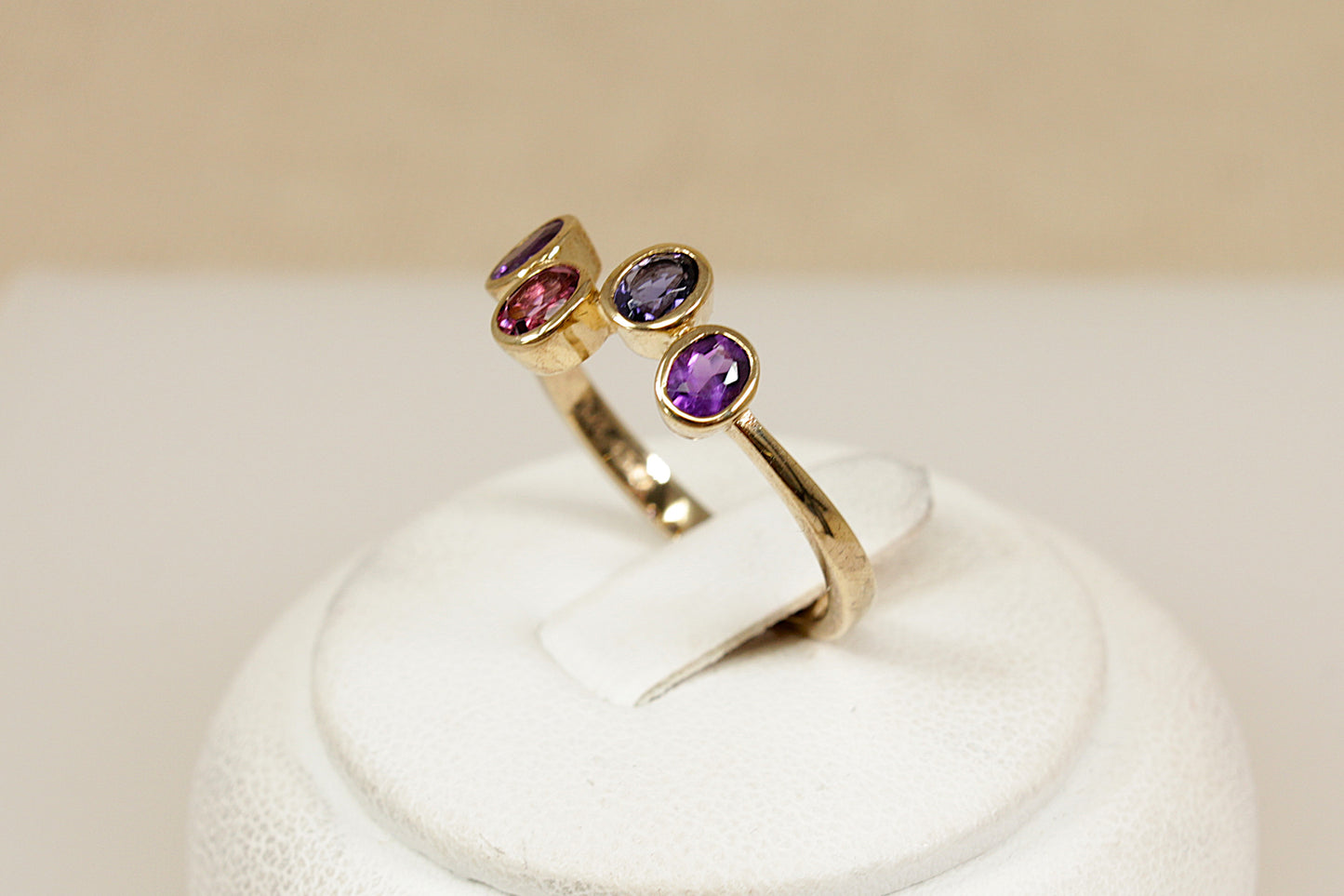 9ct Gold Almandine Garnet, Blue Iolite and Amethyst Ring