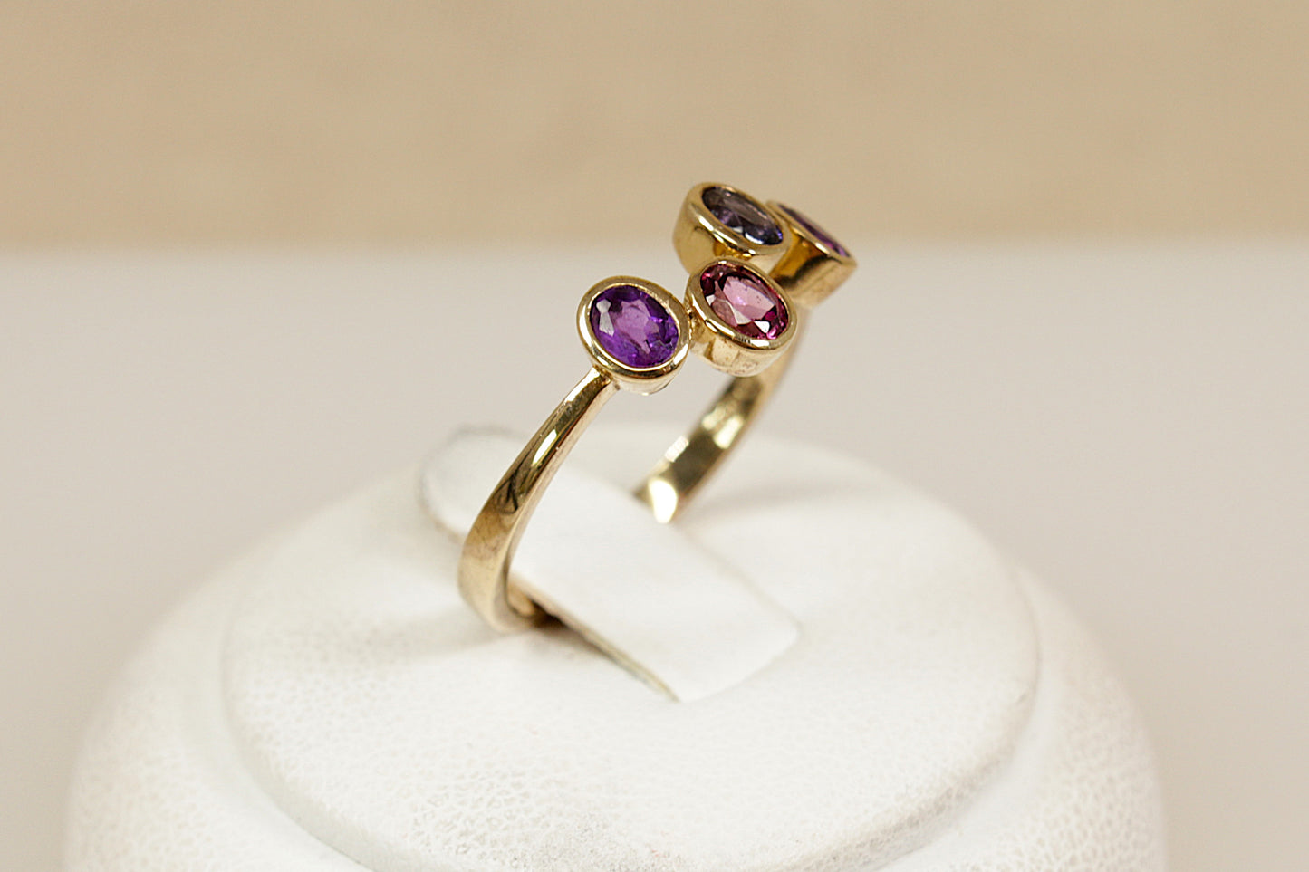 9ct Gold Almandine Garnet, Blue Iolite and Amethyst Ring