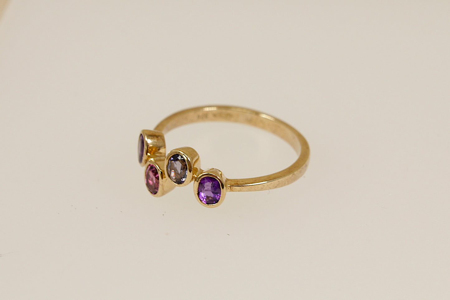 9ct Gold Almandine Garnet, Blue Iolite and Amethyst Ring