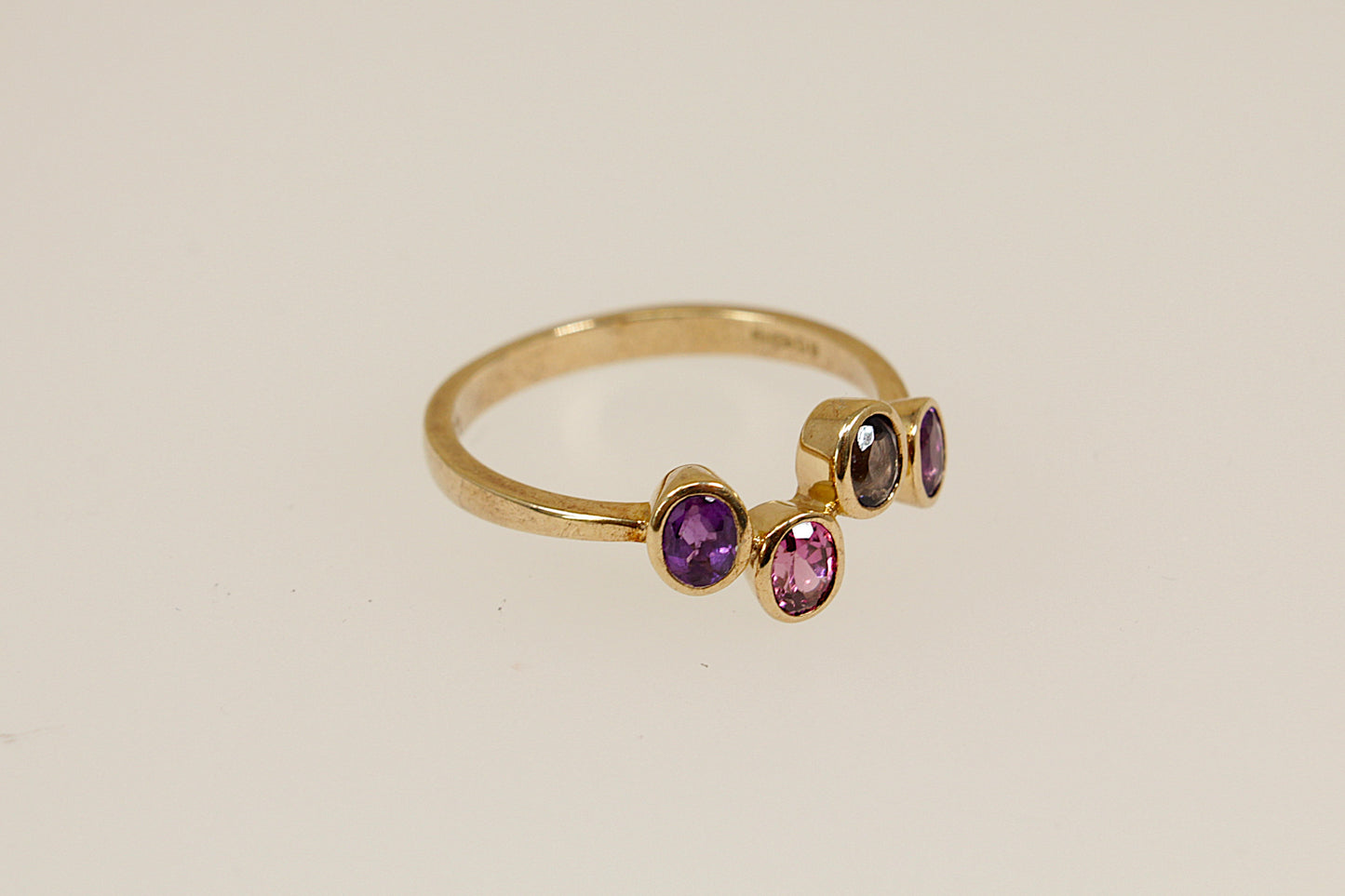 9ct Gold Almandine Garnet, Blue Iolite and Amethyst Ring