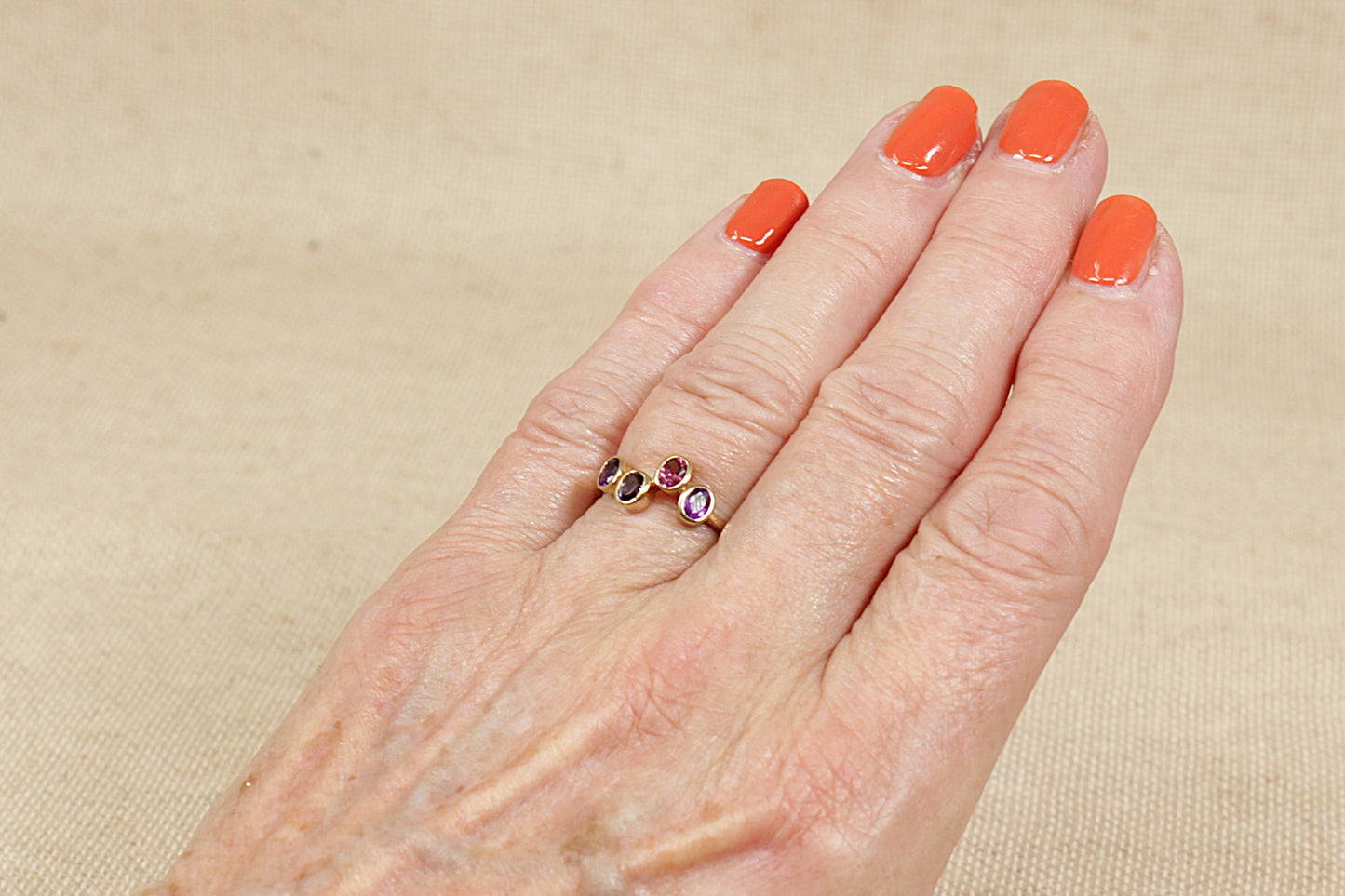 9ct Gold Almandine Garnet, Blue Iolite and Amethyst Ring
