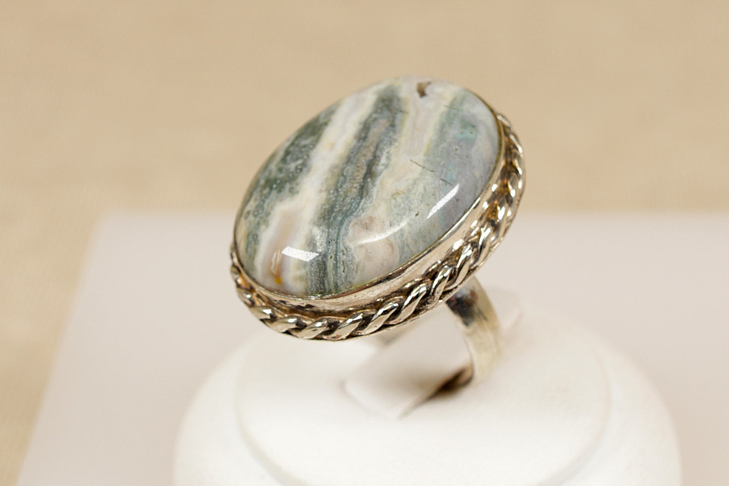 Silver Grey Banded Agate Statement Ring