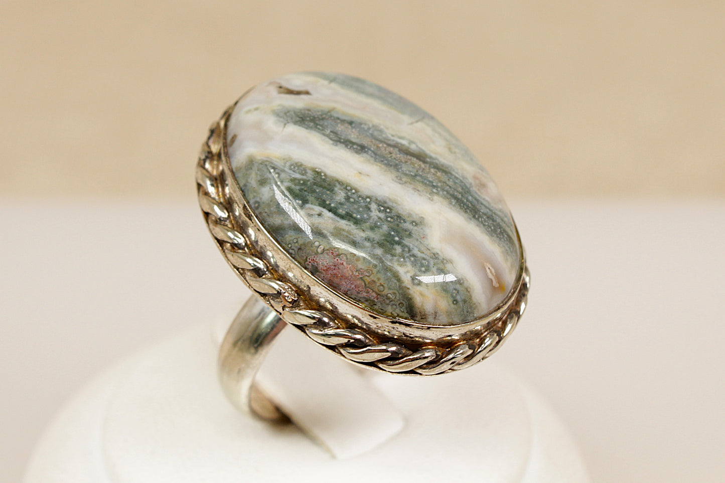 Silver Grey Banded Agate Statement Ring