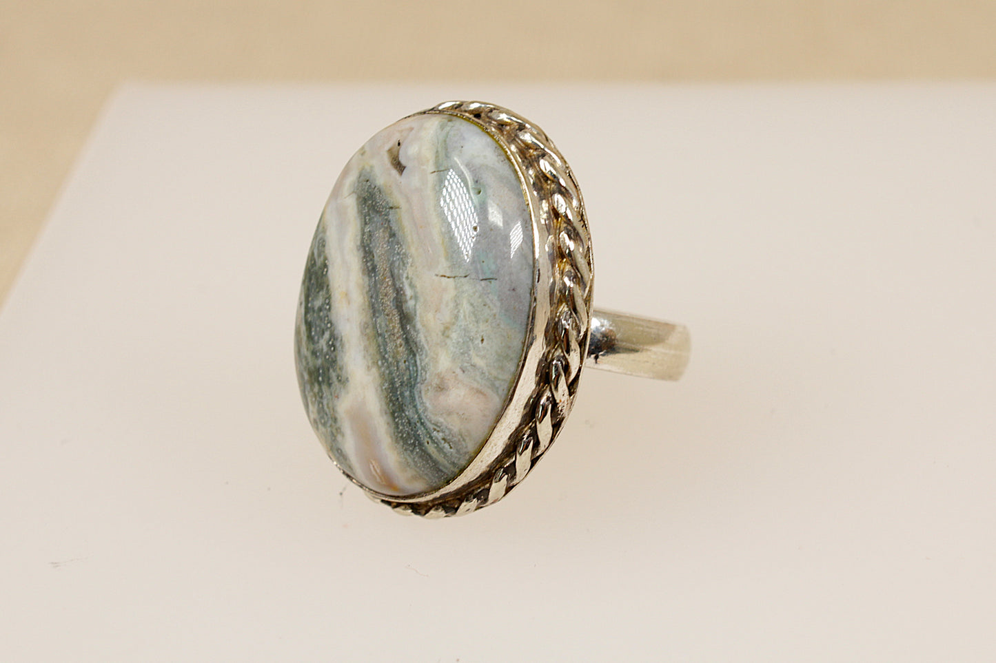 Silver Grey Banded Agate Statement Ring
