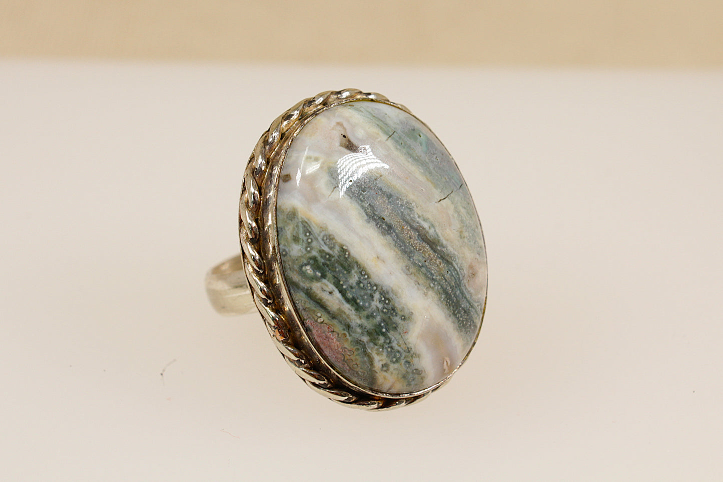 Silver Grey Banded Agate Statement Ring