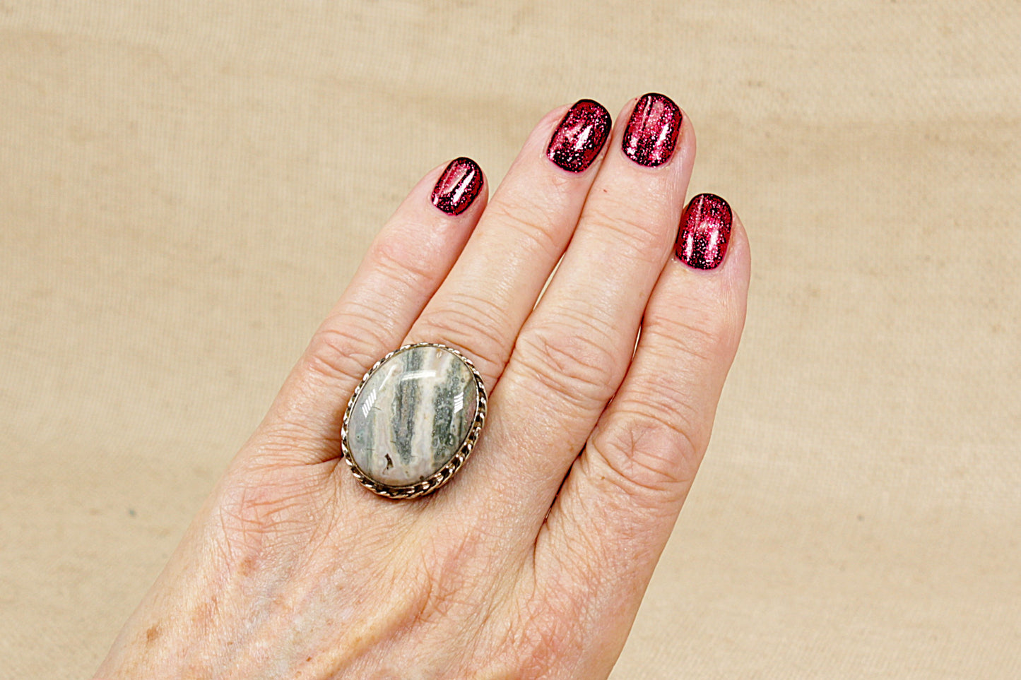 Silver Grey Banded Agate Statement Ring