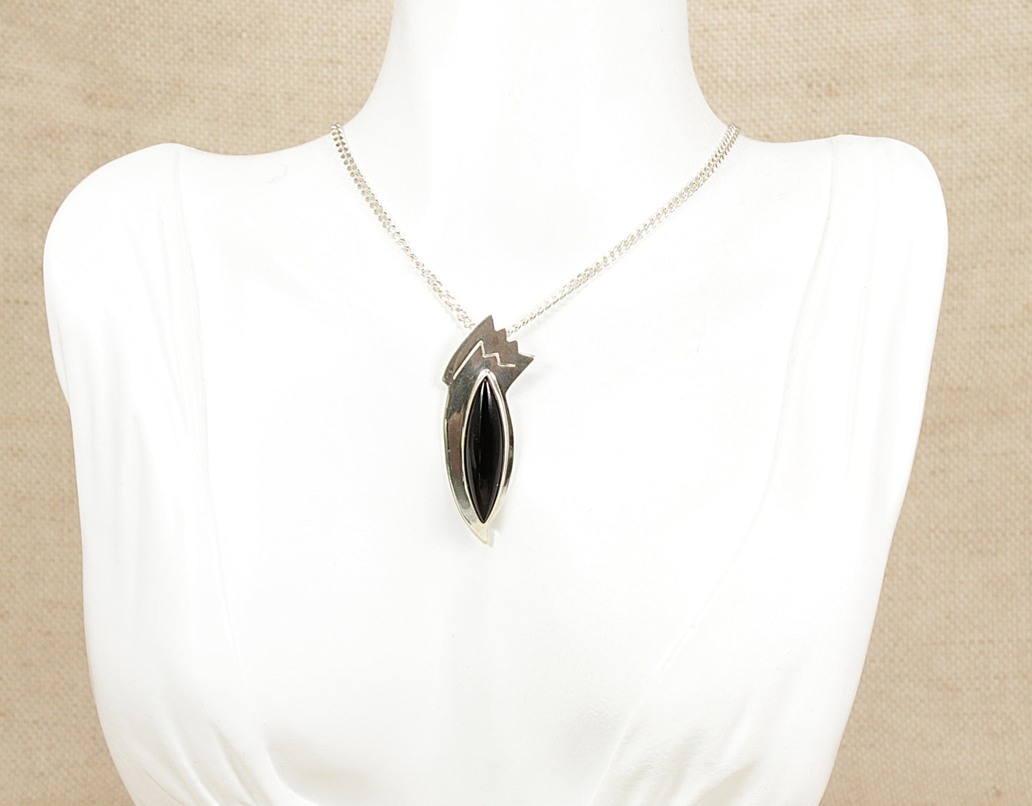 Silver and Onyx Abstract ‘Bird of Paradise’ Pendant Necklace