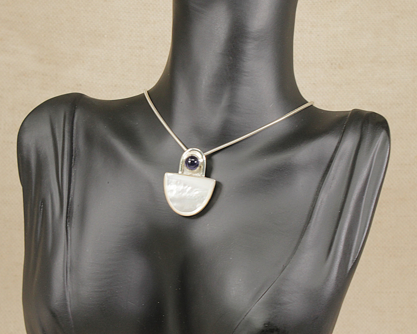 Silver Mother of Pearl and Blue Iolite Pendant Necklace