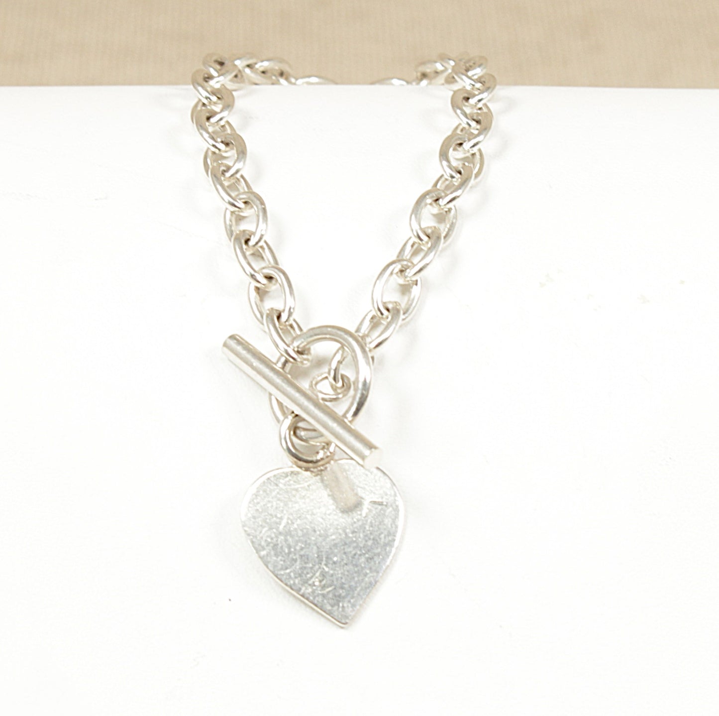 Silver Belcher Chain Bracelet with ‘T’ Bar Fastening and Heart Charm