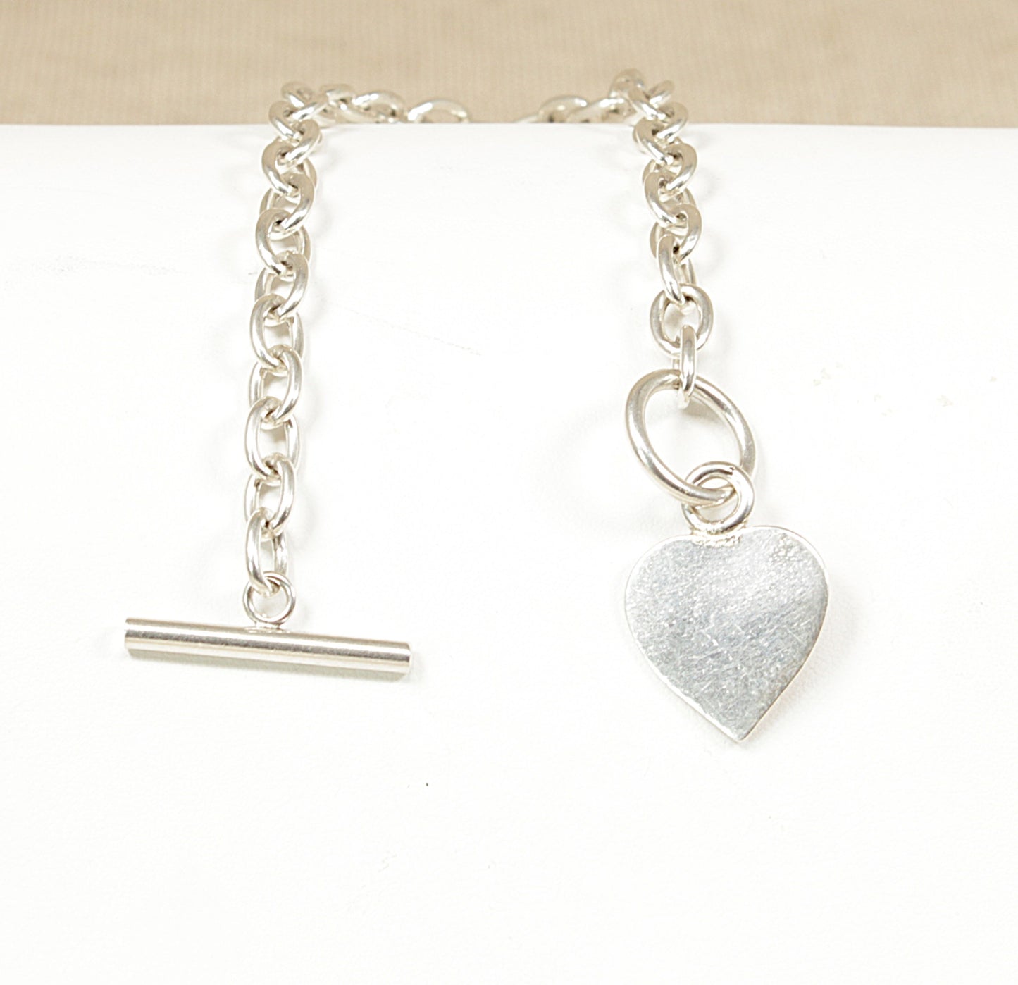 Silver Belcher Chain Bracelet with ‘T’ Bar Fastening and Heart Charm