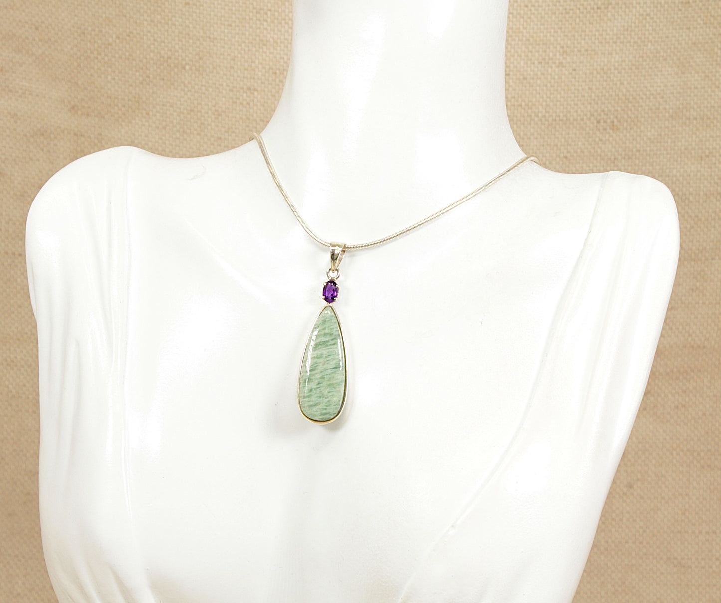 Silver, Green Agate and Amethyst Pendant Necklace
