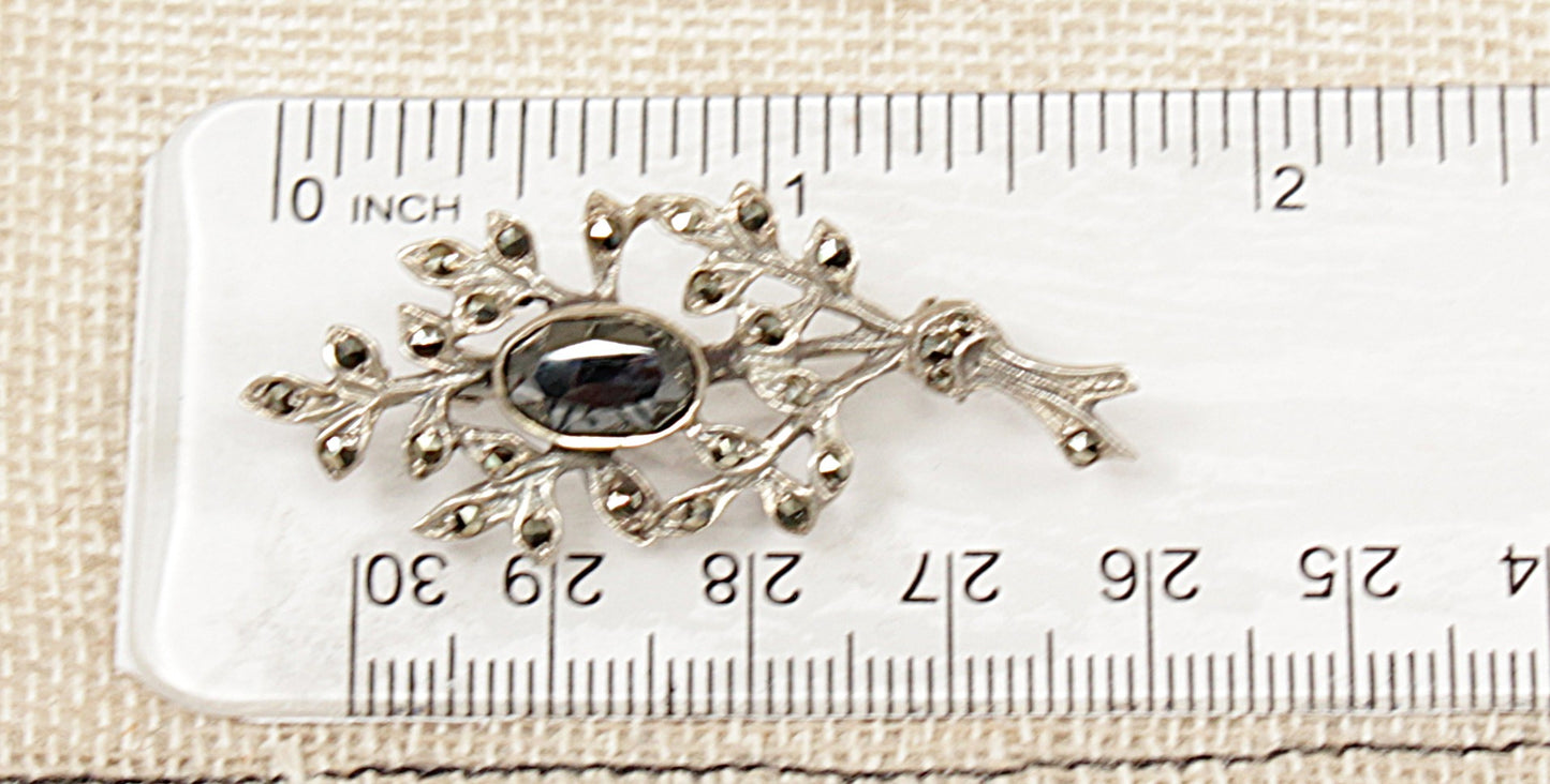 Vintage Silver Hematite and Marcasite Posy Brooch
