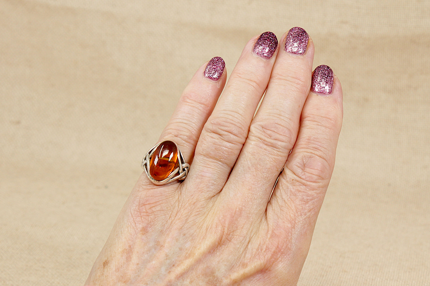 Silver Amber Celtic Design Ring