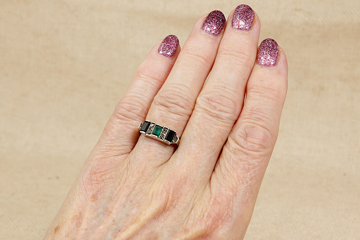 Silver Onyx and Chalcedony Art Deco Style Ring