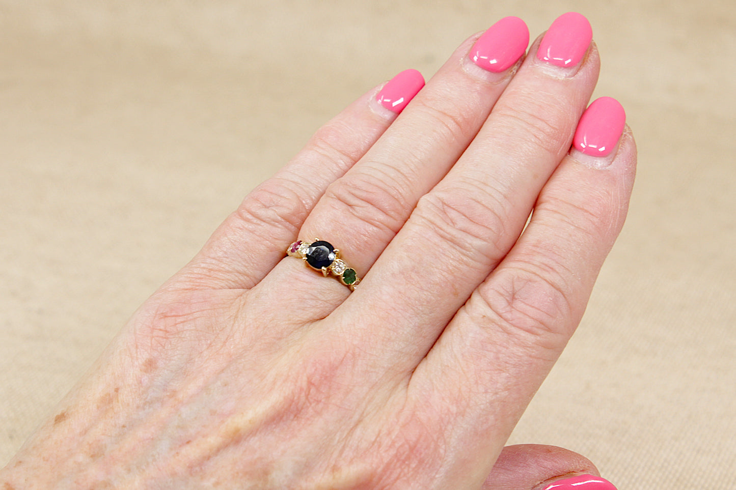 14ct Sapphire, Diamond, Ruby & Emerald Ring