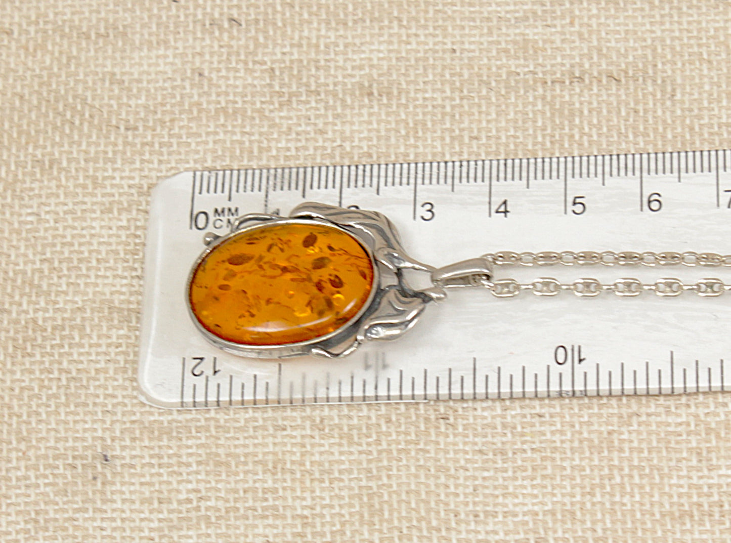 Finely Made Sterling Silver Amber Art Nouveau Style Pendant & Chain Necklace