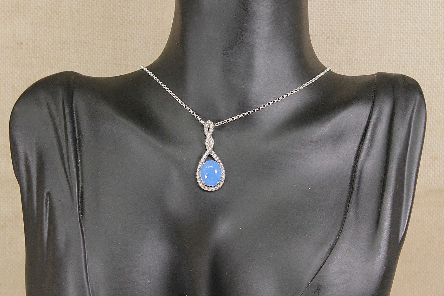 Silver Blue Chalcedony Style Gemstone Pendant Necklace