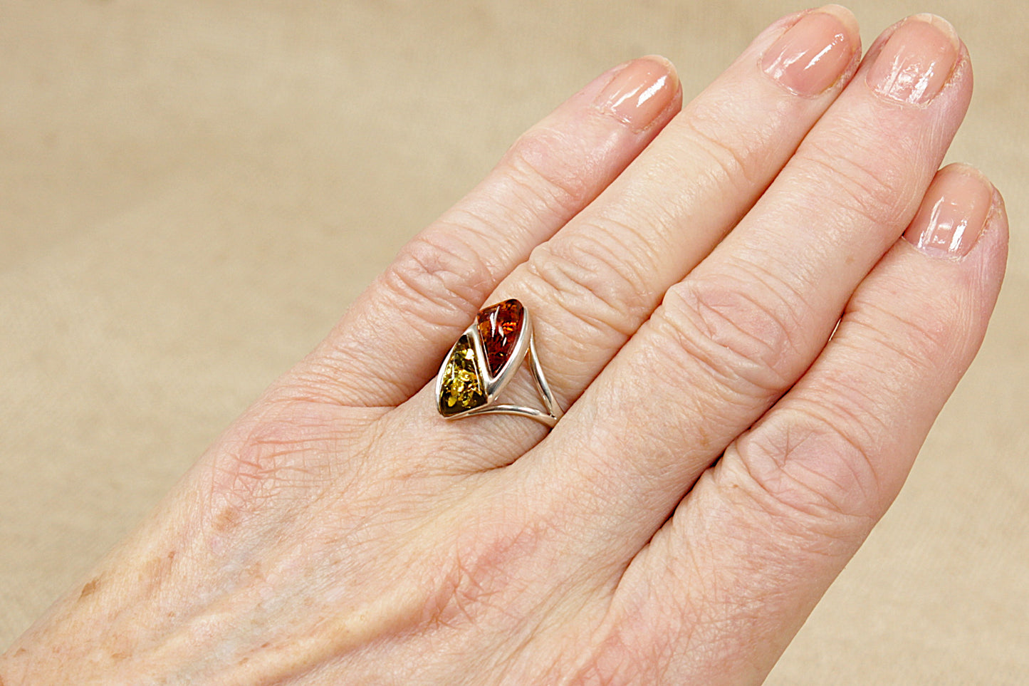 Modern Silver Amber Ring