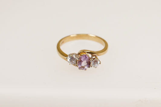9ct yellow gold amethyst cz cubic zirconia  trilogy ring