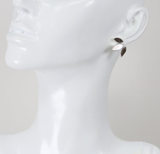 Silver, Mother of Pearl and Leopard Jasper Stud Earrings. These stunning silver stud earrings are in a 3 leaf design, with the central leaf having a piece of MOP and inset in the outer leaves are pieces of Leopard spot Jasper Agate. They are finely made and in excellent condition, and stamped 925 for sterling silver.