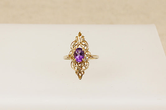 vintage 9ct yellow gold ornate amethyst solitaire ring