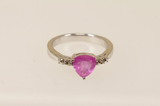 A sterling silver trillion cut pink sapphire solitaire ring with white topaz accents, Stamped 925 for sterling silver and the makers mark ‘TGGC’ for The Genuine Gemstone Company, UK  finger size O.