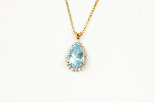 9ct Gold Blue Topaz, Diamond Pendant and Chain Necklace