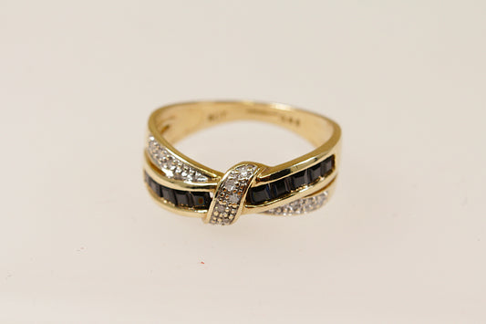 9ct yellow gold sapphire and diamond band ring in a bow design