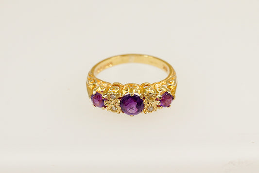 vintage 9ct yellow gold amethyst and diamond trilogy ring, hallmarked London 1972, UK finger size P.