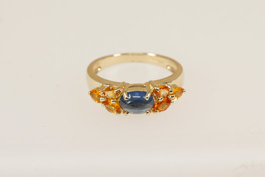 9ct yellow gold blue sapphire and orange topaz gemstone set ring.
