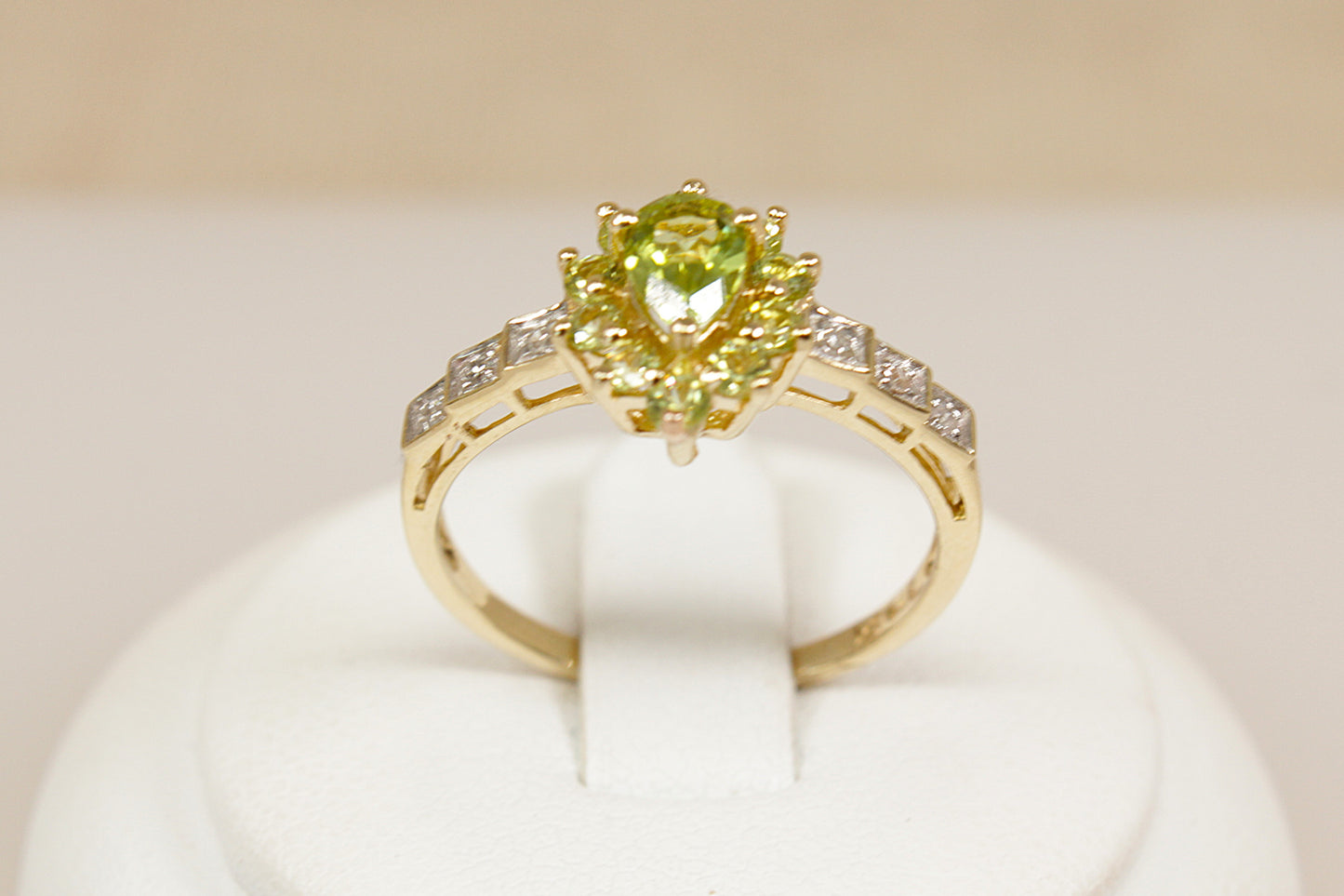 Peridot and Diamond Halo Gold Ring